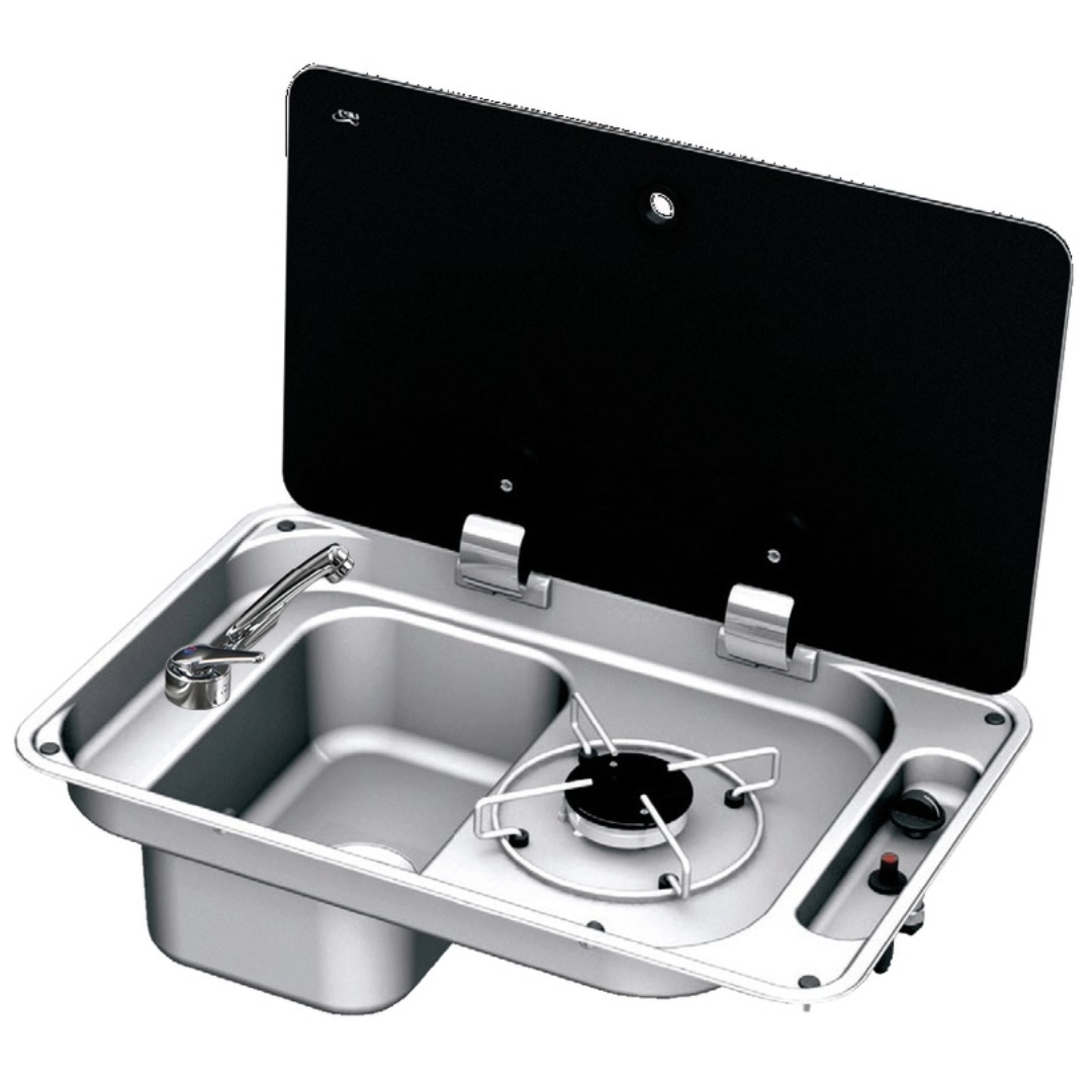 Piano cottura Inox a 1 fuoco con lavello e coperchio in vetro