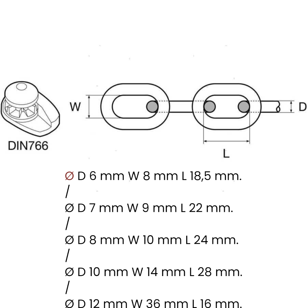 AISI 316 stainless steel calibrated chain - DIN 766 - 15/30/50/75/100 meters