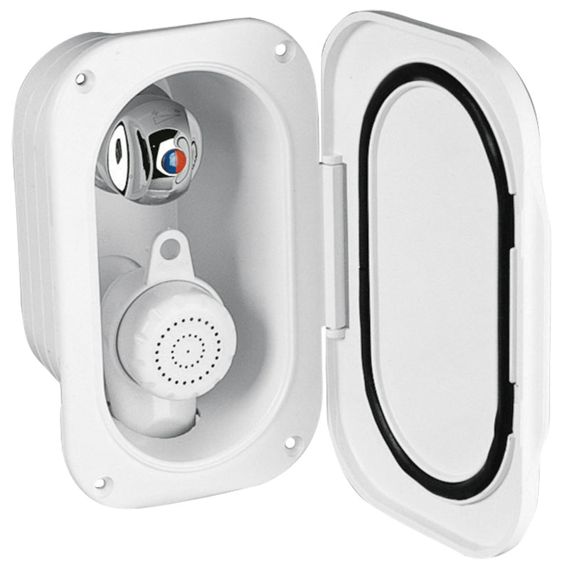 Shower and mixer with wall-mounted container