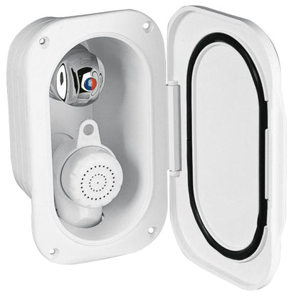 Shower and mixer with wall-mounted container