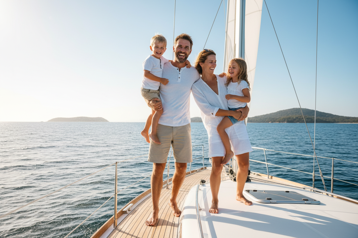famiglia in barca felice