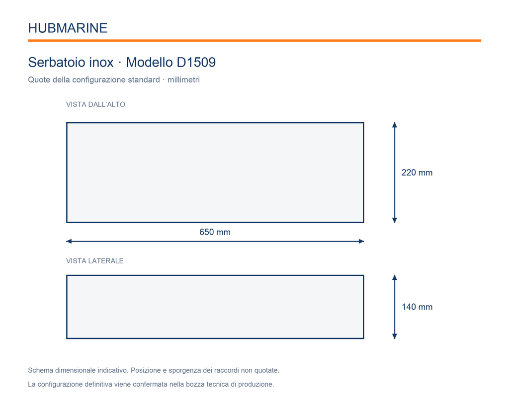 Serbatoio Hubmarine D1509 – schema dimensionale 650 × 220 × 140 mm