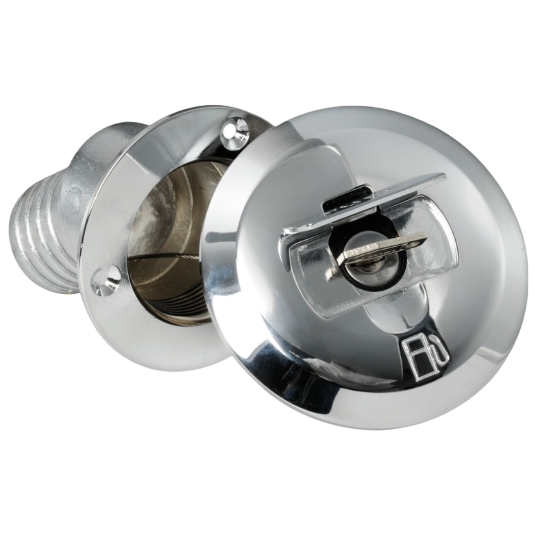 Chrome-plated brass "FUEL" deck filler cap with key