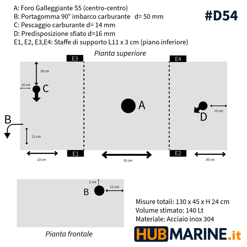 Serbatoio nautico Certificato CE in acciaio inox 140 litri 130 x 45 x 24 cm