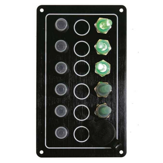 Pannello elettrico 5 interruttori luminosi a leva con presa 12/24 Volts
