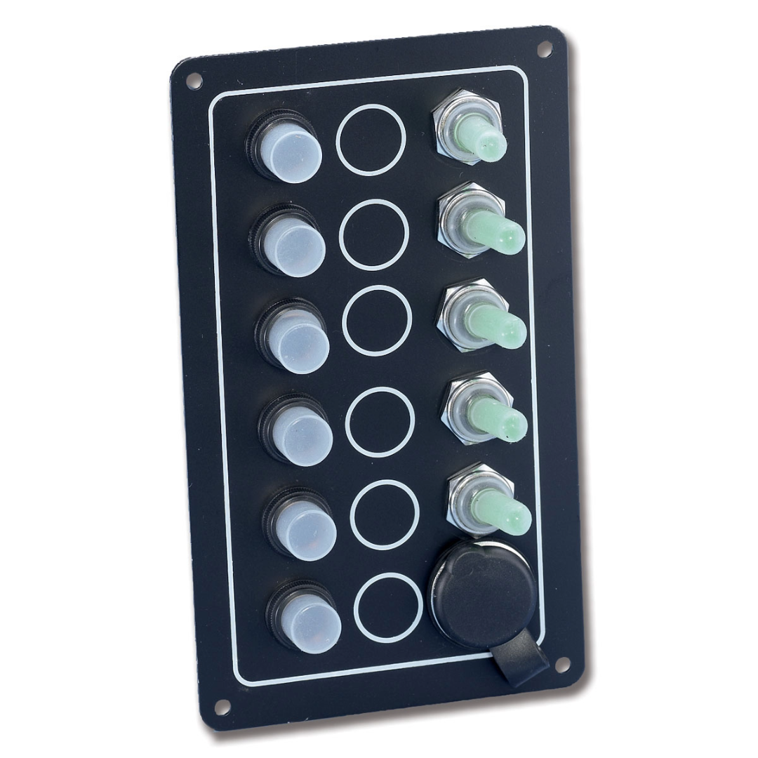 Pannello elettrico 5 interruttori luminosi a leva con presa 12/24 Volts