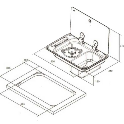 Piano cottura Inox a 1 fuoco con lavello e coperchio in vetro